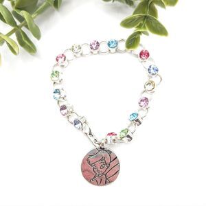 Tinkerbell Disney Silver Tone Pastel Rhinestone Chunky Charm Bracelet 7"
